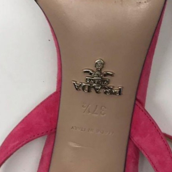 Prada Pink Suede Kitten Heels – Treasures of NYC PRADA size 37.5 PINK FUCHSIA SUEDE STRAP SANDALS  KITTEN METALLIC HEEL